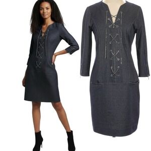 ETCETERA Denim Lace Up Dress Zip Front 3/4 Sleeve Pockets Size 2
